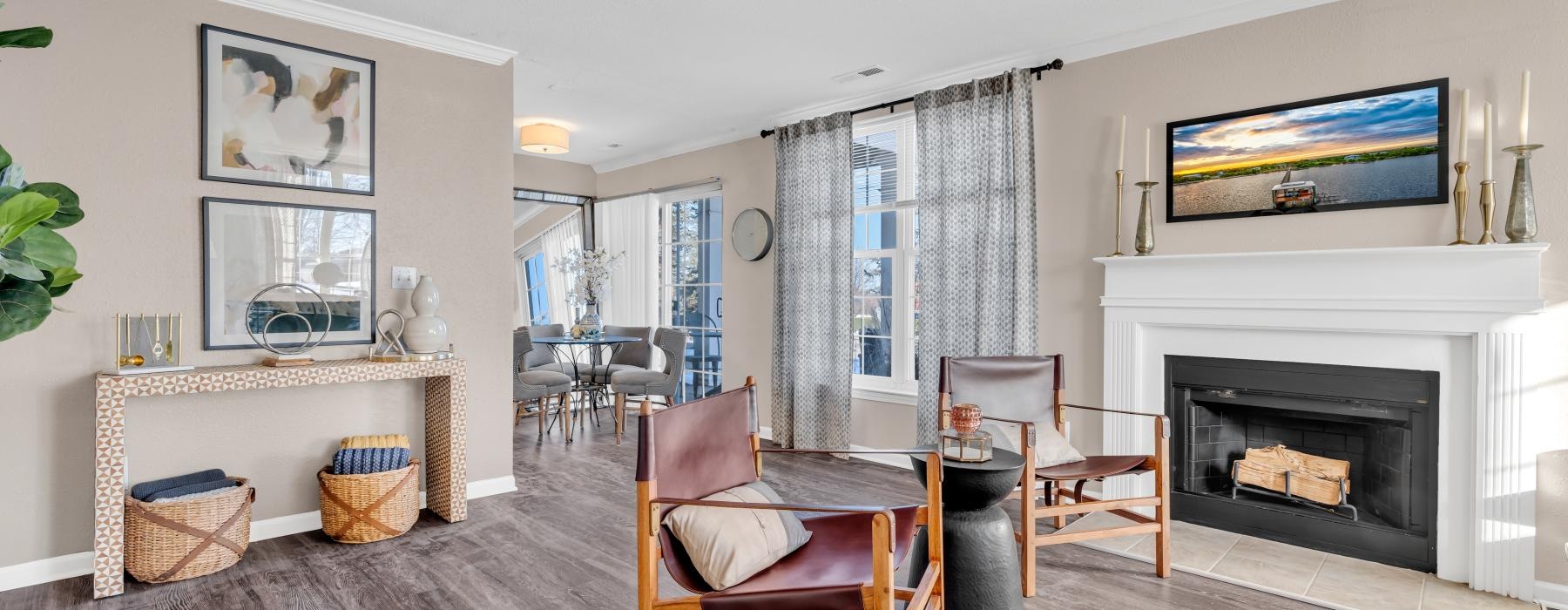 a living room with a fireplace