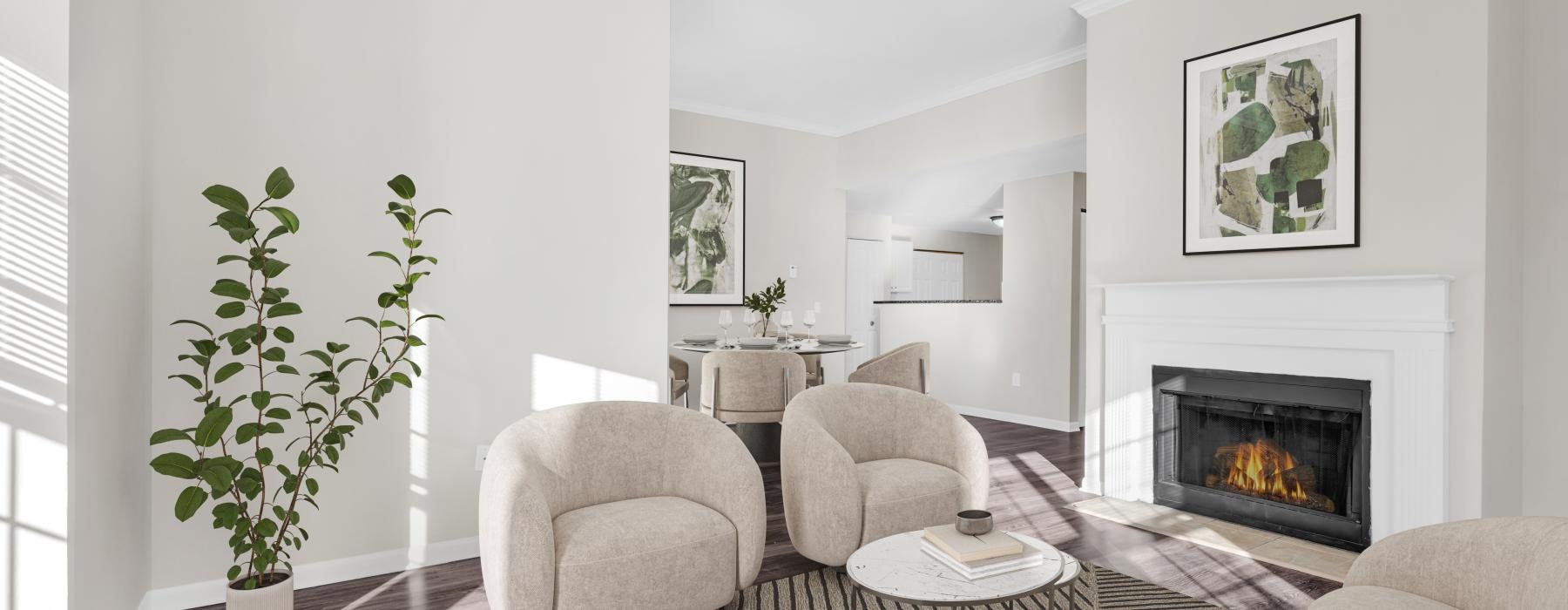 a living room with a fireplace