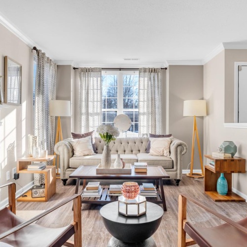 a living room with a large window