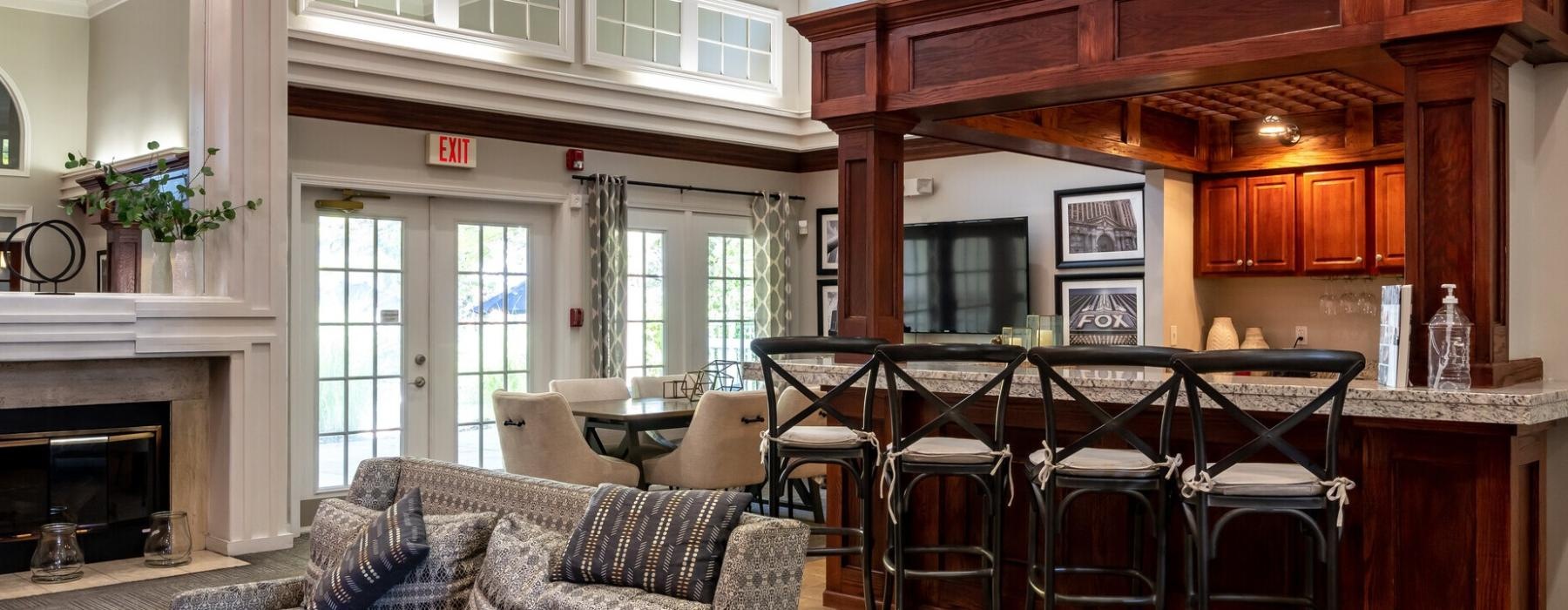 a living room with a fireplace